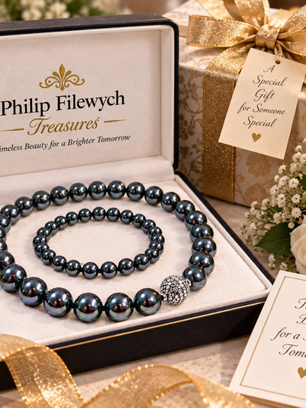 NC-12--Black South Sea Cultured Pearl Necklace Set 10–8mm AAA 16" 70g